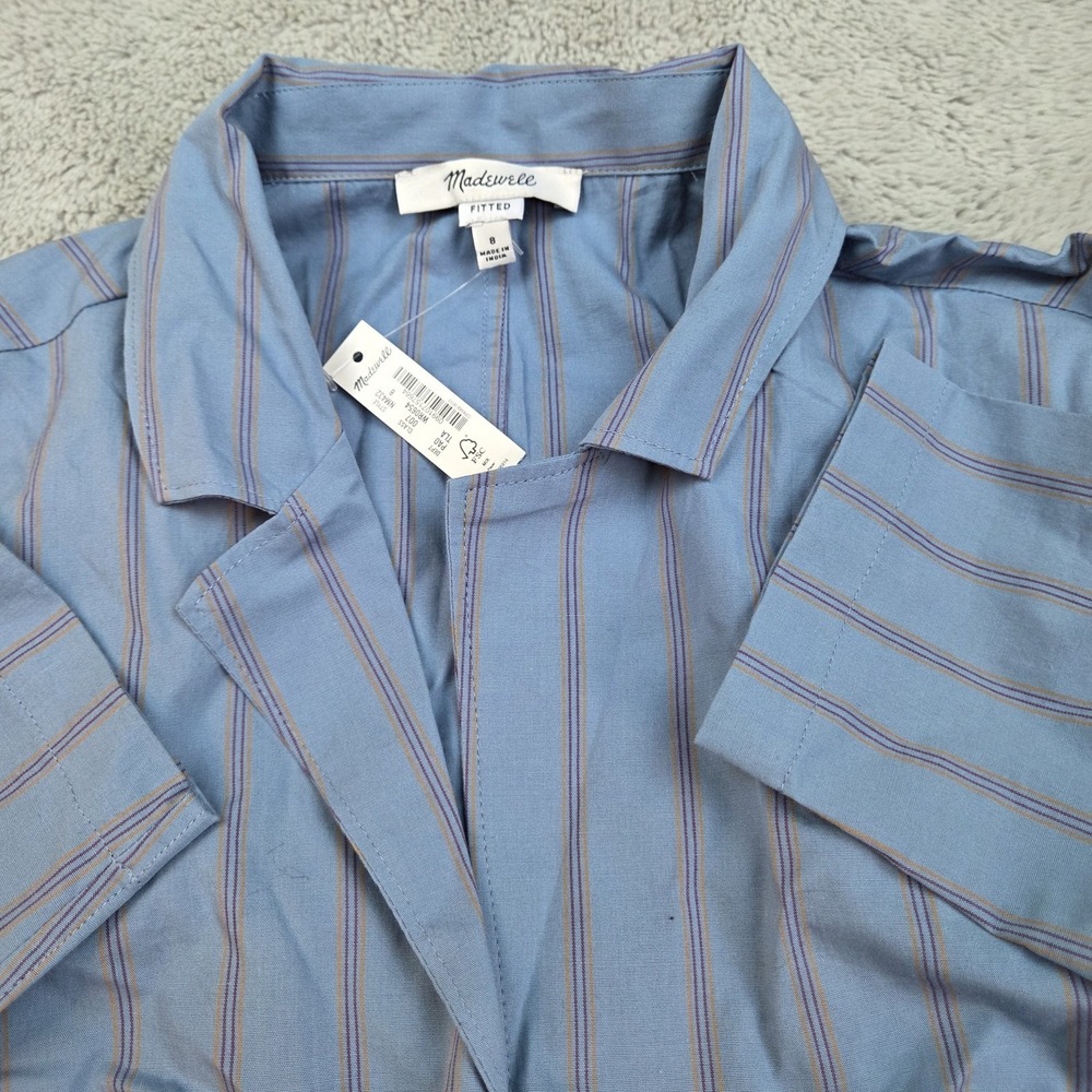 Madewell Cotton Blend Shirt Womens Sz 8 Fitted Striped Hook Eye Closure Blue New - Picture 1 of 10